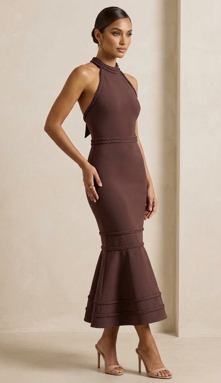 ELLIATT Renewal Braided Halter Midi Dress Chocolate Brown Wedding Guest Small